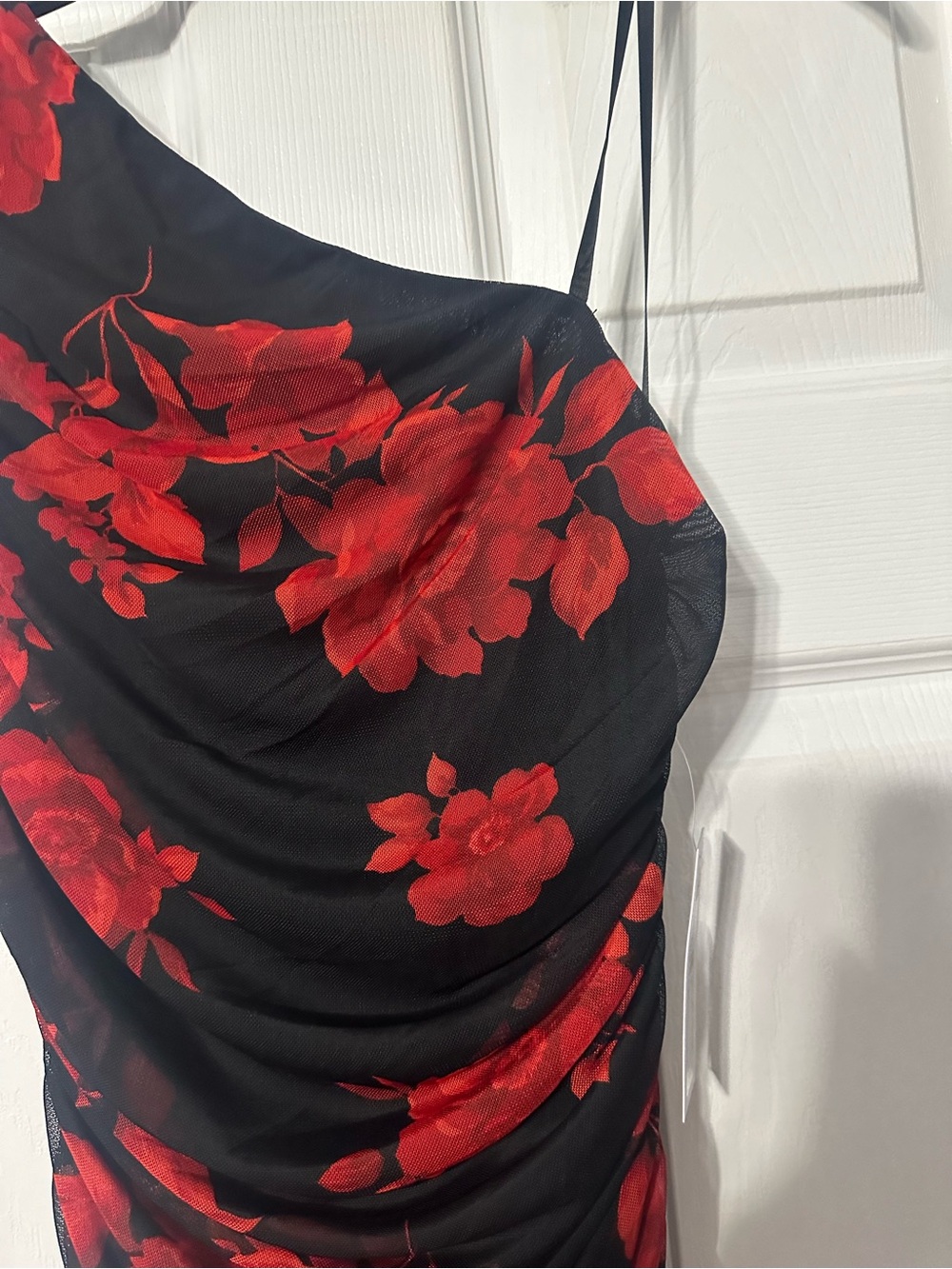 NWT Premier Amour One-Shoulder Ruched Black Dress with Red Floral Print - Picture 5 of 13